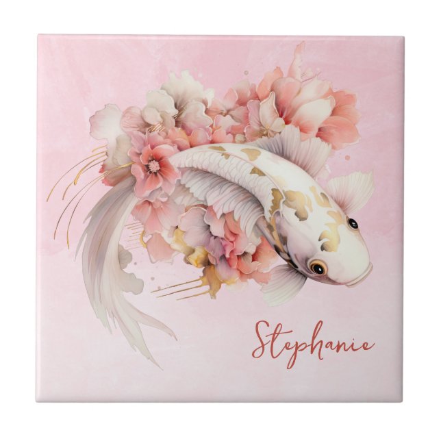 Pink Watercolor Gold Koi Fish Floral Personalised Tile (Front)