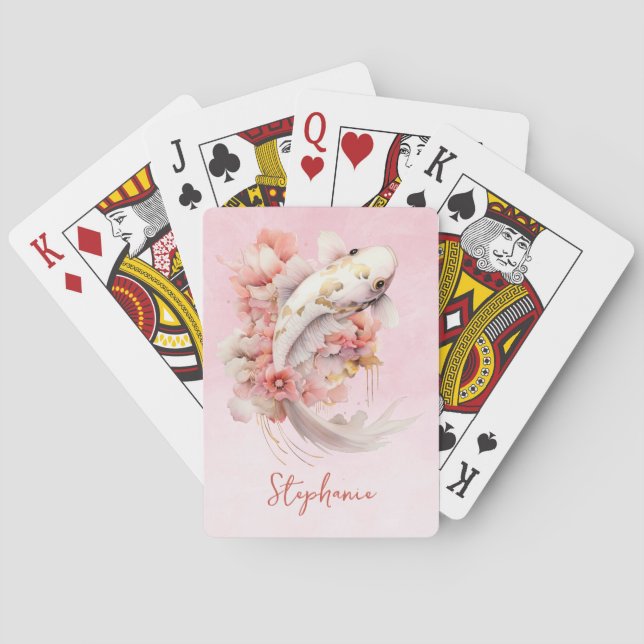 Pink Watercolor Gold Koi Fish Floral Playing Cards (Back)