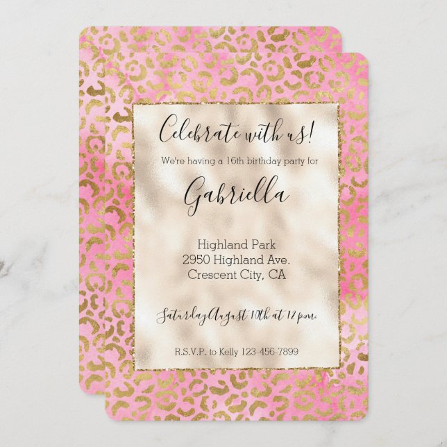 Pink Watercolor Gold Leopard Print Invitation (Front/Back)