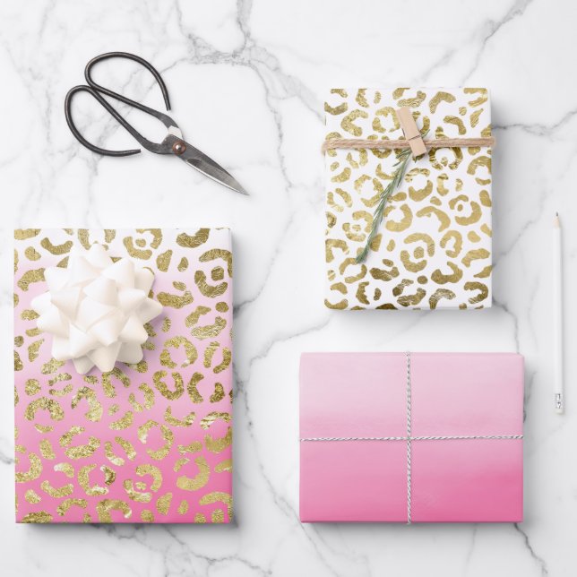 Pink Watercolor Gold Leopard  Wrapping Paper Sheet (Front)