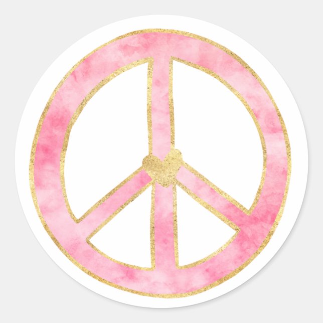 Pink Watercolor Gold Peace Sign Heart Classic Round Sticker (Front)