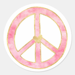 Pink Watercolor Gold Peace Sign Heart Classic Round Sticker