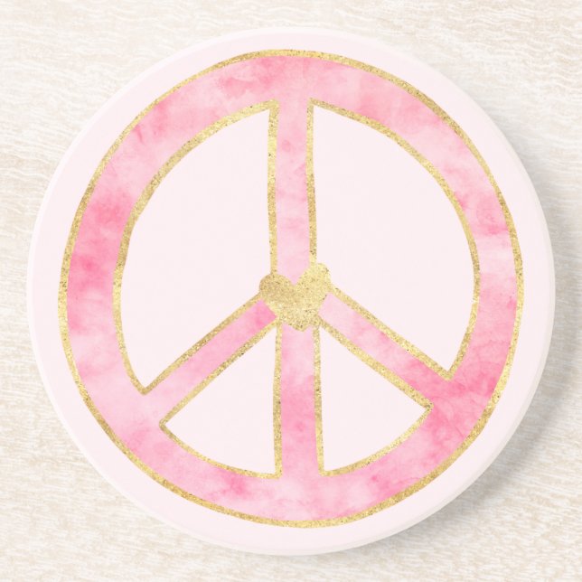 Pink Watercolor Gold Peace Sign Heart Coaster (Front)