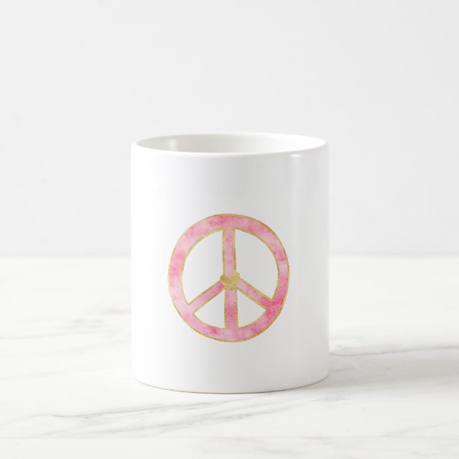 Pink Watercolor Gold Peace Sign Heart Coffee Mug (Center)