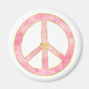 Pink Watercolor Gold Peace Sign Heart Magnet