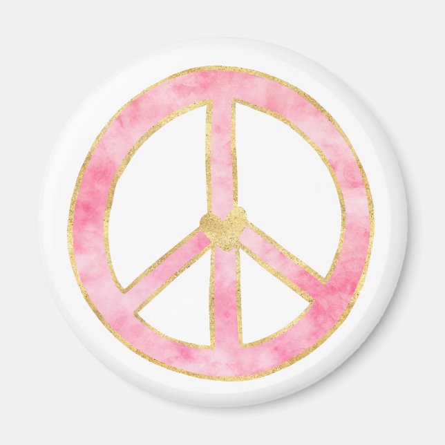 Pink Watercolor Gold Peace Sign Heart Magnet (Front)