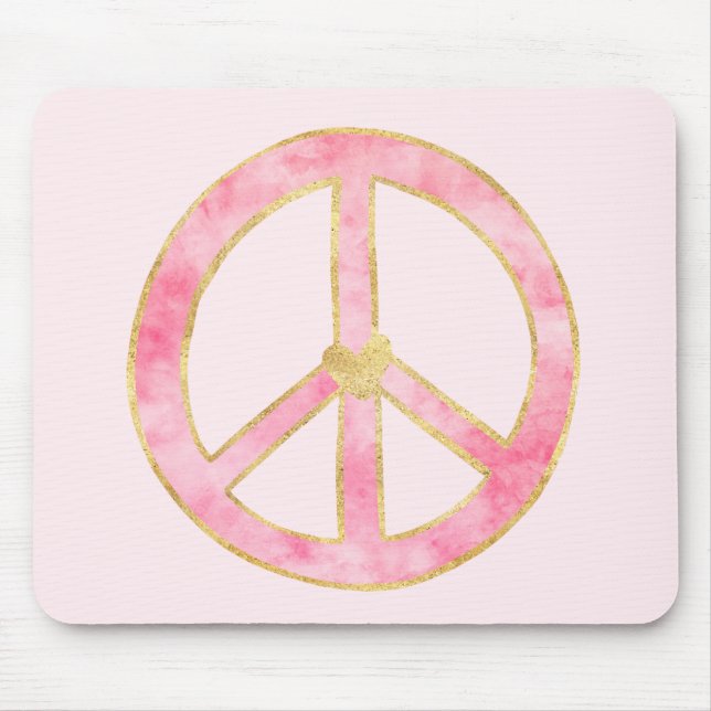 Pink Watercolor Gold Peace Sign Heart Mouse Mat (Front)