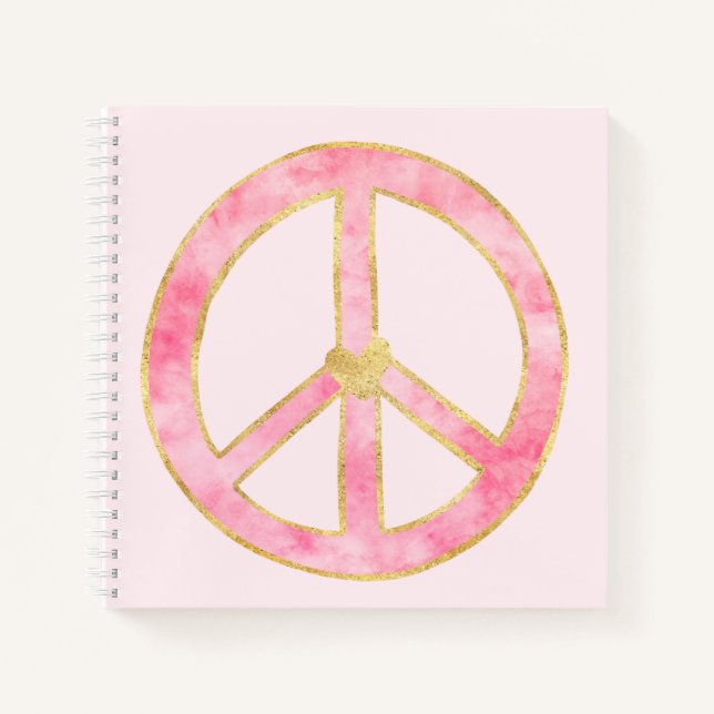 Pink Watercolor Gold Peace Sign Heart Notebook (Front)