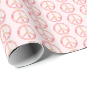 Pink Watercolor Gold Peace Sign Heart Wrapping Paper