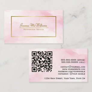 Pink Watercolor & Gold Professional QR Code Business Card