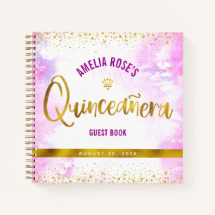 Pink Watercolor Gold Quinceañera Girly Guest Book