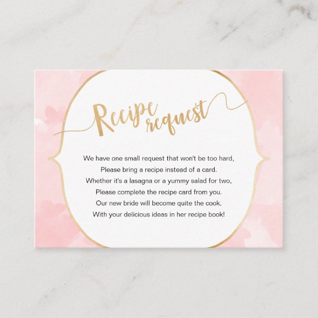 Pink Watercolor Gold Recipe Request Enclosure Card (Front)