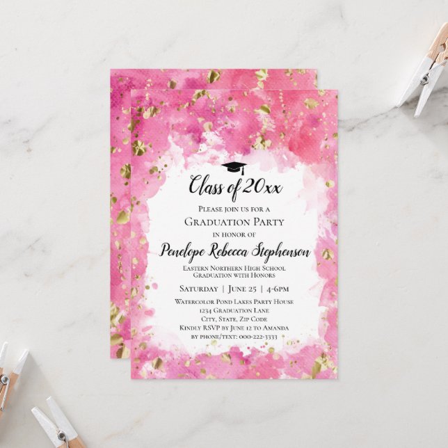 Pink Watercolor Gold Splatter Graduation Party Invitation (Front/Back In Situ)
