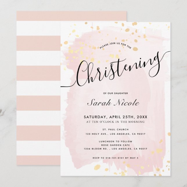 Pink Watercolor Gold Splatters Girl Christening Invitation (Front/Back)