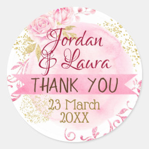Pink Watercolor Gold Thank You Wedding Favour Classic Round Sticker