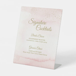 Pink Watercolor Gold Type Wedding Cocktail Menu Pedestal Sign