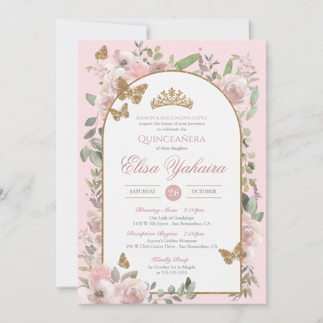 Pink Watercolor Golden Butterfly Quinceanera Invitation (Front)