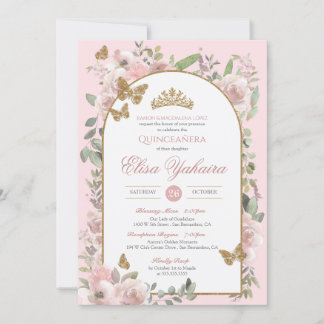 Pink Watercolor Golden Butterfly Quinceanera Invitation