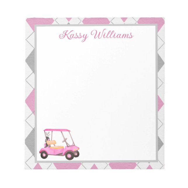 Pink Watercolor Golf Cart Name  Notepad (Front)