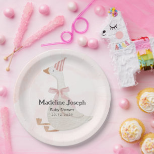Pink Watercolor Goose Girl Baby Shower Paper Plate