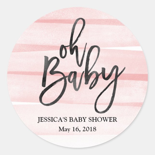 Pink Watercolor Gradient Oh Baby Shower Sticker (Front)