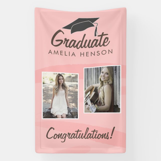 Pink Watercolor Graduate Congratulations 2 Photo  Banner (Vertical)