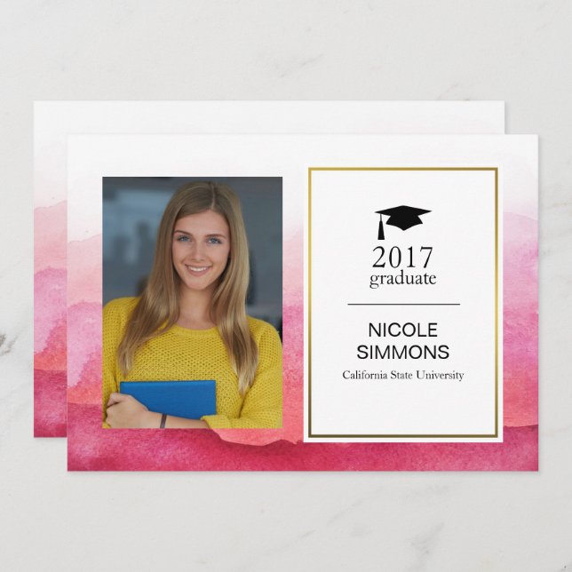 Pink Watercolor Graduate Photo Card (Front/Back)
