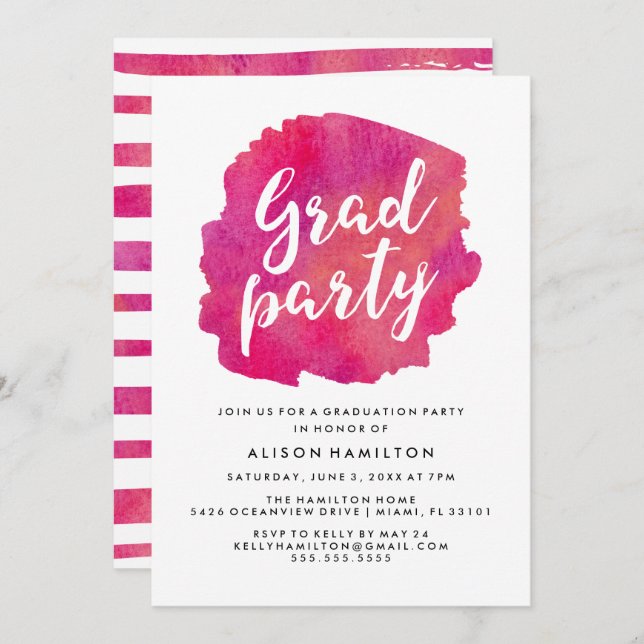 Pink Watercolor Graduation Party Invitation (Front/Back)