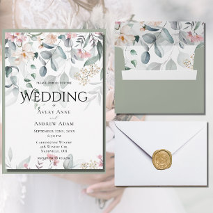 Pink Watercolor Greenery Floral Wedding Invitation