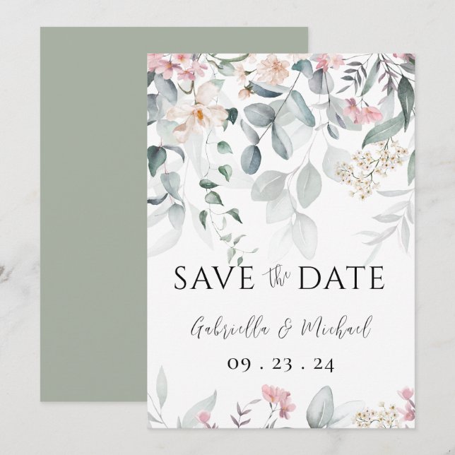 Pink Watercolor Greenery Wedding Save The Date (Front/Back)