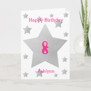 Pink Watercolor Grey Stars 8th Birthday Card