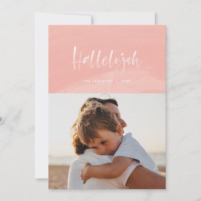 Pink Watercolor Hallelujah Christmas Holiday Card (Front)