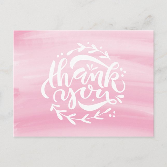 Pink Watercolor Hand Lettering Wreath Thank You Holiday Postcard (Front)