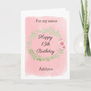 Pink Watercolor Happy 13th Birthday Niece Card