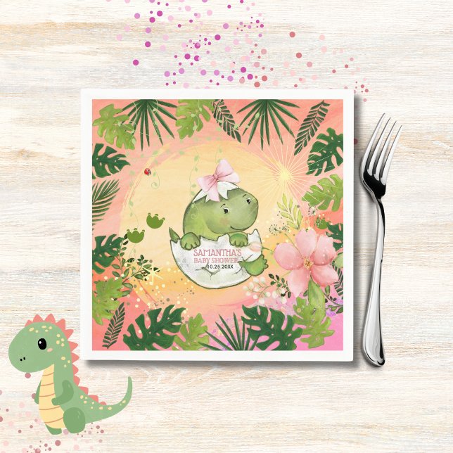 Pink Watercolor Hatching Dino Baby Shower Napkins (Pink Watercolor Hatching Dino Baby Shower Napkins)