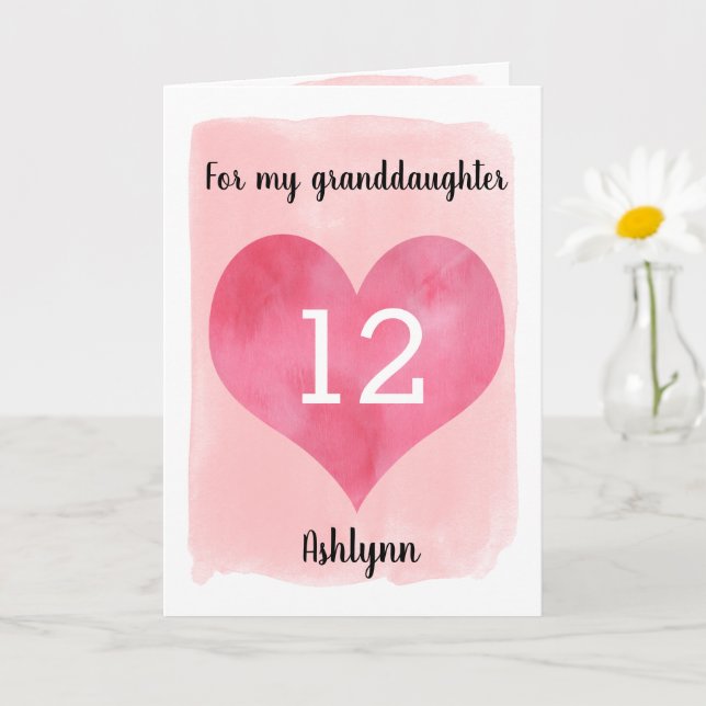 Pink Watercolor Heart 12th Birthday Granddaughter Card (Small Plant)