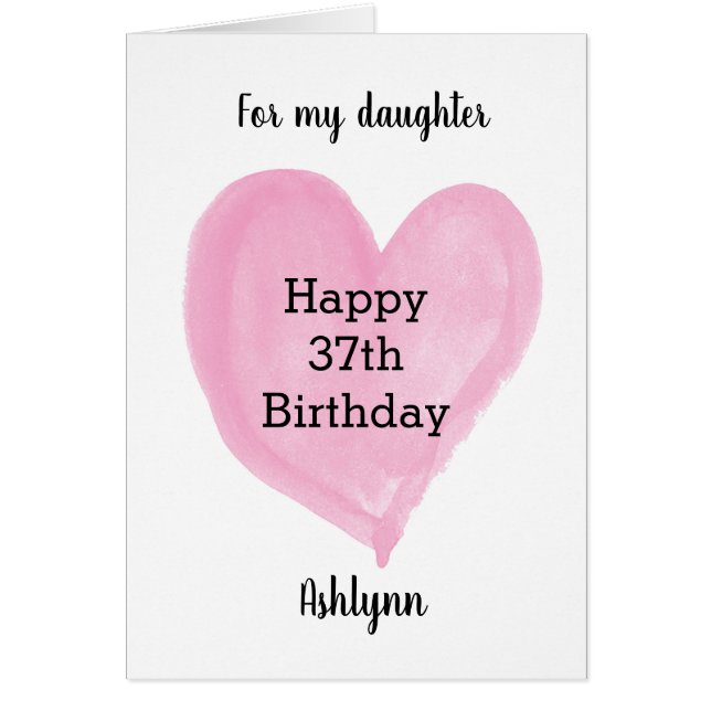 Pink Watercolor Heart 37th Birthday Card (Front)