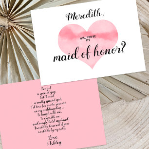 Pink Watercolor Heart Be My Maid of Honour Poem Invitation