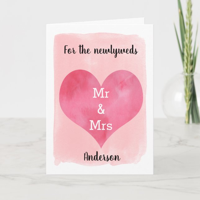 Pink Watercolor Heart Congratulations Wedding Card (Front)