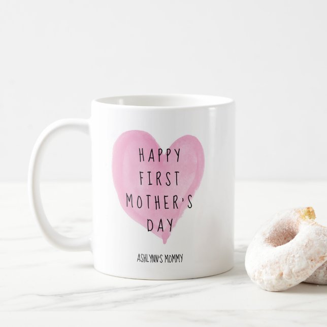 Pink Watercolor Heart First Mother's Day Coffee Mug (With Donut)