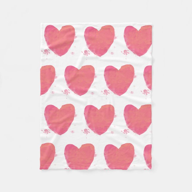 Pink Watercolor Heart Fleece Blanket (Front)