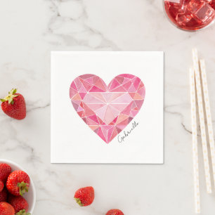 Pink Watercolor Heart Gem Glam Chic Diamond Name Napkin