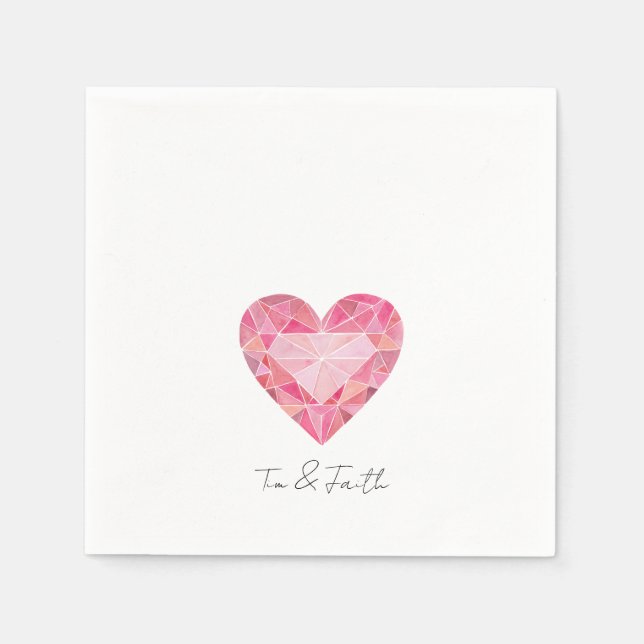 Pink Watercolor Heart Gem Glam Diamond Love NAMES Napkin (Front)