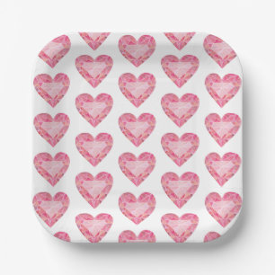 Pink Watercolor Heart Gem Glam Diamond Love Paper Plate