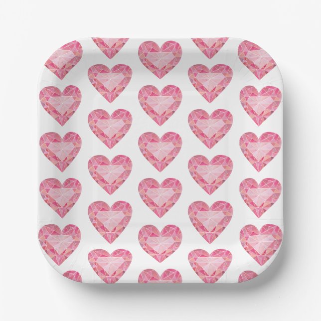 Pink Watercolor Heart Gem Glam Diamond Love Paper Plate (Front)