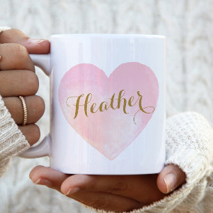 Pink Watercolor Heart Girly Script Font Gold Name  Two-Tone Coffee Mug
