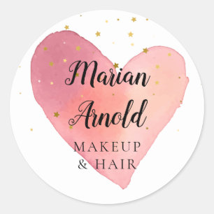 Pink Watercolor Heart Gold Stars Classic Round Sticker