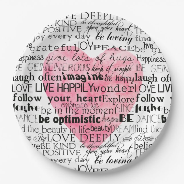 Pink Watercolor Heart Inspirational Words Paper Plate (Front)