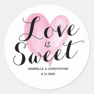 Pink Watercolor Heart Love is Sweet Classic Round Sticker