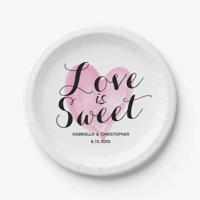 Pink Watercolor Heart Love is Sweet Paper Plate (Front)